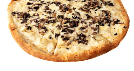 Pizza with mushrooms isolated on a white background.