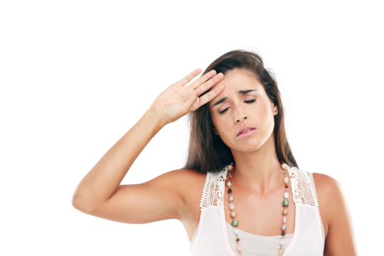 Stress, tired and face of woman with anxiety or overwhelmed person on transparent, isolated or png background. Exhausted, girl with burnout, mental health problem or frustrated with headache