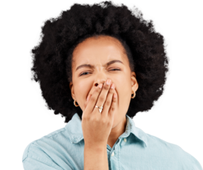 Yawn, portrait and tired black woman on isolated, transparent or png background. Hand, yawning and face of African female person with fatigue, burnout or exhausted, low energy or bored emoji reaction