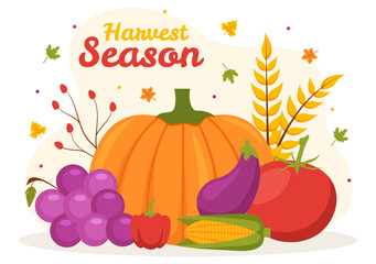 Harvest Season Vector Illustration with Autumn of Pumpkins and Seasonal Agricultural on a Farm in Flat Cartoon Hand Drawn Background Templates