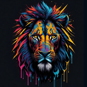 vector illustration of colorful graffiti lion animal head symmetrical splash background. AI Generated