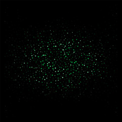 Abstract dark background with green dust particles, confetti, dots