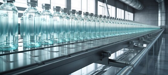 Fototapeta premium Sterile drug bottles production lines machine. Pharmaceutical health care industry. Generative AI technology.