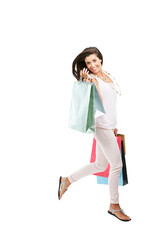 Shopping, walking and woman in portrait isolated on transparent png background for sale, discount or promotion. Happy person or excited customer running with retail bag, gift or fashion giveaway