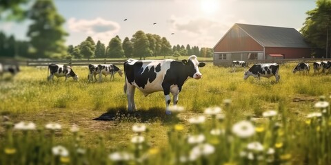 Cow on Green Field Sunny Light Background, Cows Farm. Generative Ai - obrazy, fototapety, plakaty