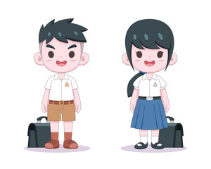 Cute Thai students in uniform standing cartoon illustration

