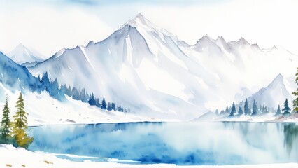 SNOW MOUNTAIN LANDSCAPE WITH LAKE AS A WATERCOLOR ILLUSTRATION. GENERATIVE AI.