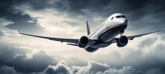Private jet flying on cloudy sky. Generative AI technology.