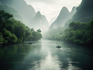 Guilin's mountains and waters shrouded in clouds. Immerse yourself in the tranquility of Guilin's picturesque mountains and calm waters embraced . Generative AI.. - obrazy, fototapety, plakaty