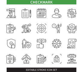 Editable line Checkmark outline icon set. Checklist, Process, Agreement, Focus on Target, Approvement, Verified, Trust, Success. Editable stroke icons EPS