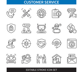 Editable line Customer Service outline icon set. Feedback, Help, Assistance, FAQ, Information, Support, Problem Solving, Technical Support. Editable stroke icons EPS