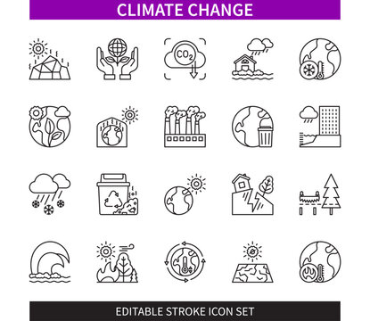 Editable line Climate Change outline icon set. Air Pollution, Deforestation, Flooding, Earthquake, Wildfire, Drought, Solar Irradiance, Save Planet. Editable stroke icons EPS