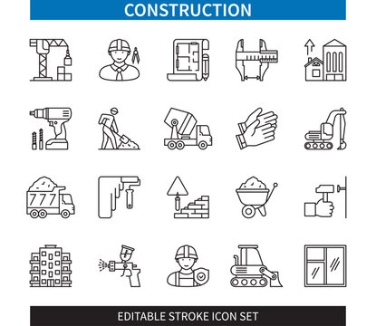 Editable line Construction outline icon set. Crane, Bulldozer, Concrete mixer, Excavator, Construction gloves, Dump Truck, Drill, Buildings. Editable stroke icons EPS