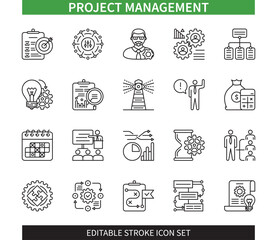 Editable line Project Management outline icon set. Goal Settings, Planning, Monitor and Control, Tasks, Budget, Strategy, Execute, Documentation. Editable stroke icons EPS