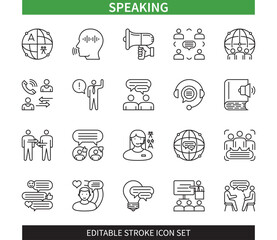 Editable line Speaking outline icon set. Voice, Communication, Language, Speaker, Influencer, Group Chat, Comment, Consultation. Editable stroke icons EPS