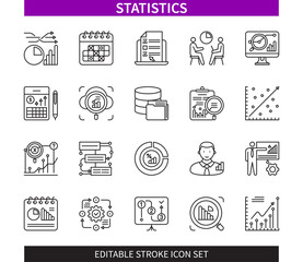 Editable line Statistics outline icon set. Monitoring, Schedule, Forecasting, Process, Plan, Increase, Report, Analysis. Editable stroke icons EPS