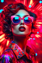 Obraz premium A vivid colorful portrait of a young, beautiful girl. A modern, charismatic woman. Surrealistic, psychic wave. Neon lights. Illustration, Generative AI.