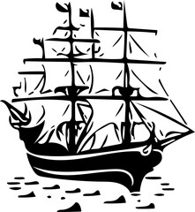 Black and white vector illustration of a big sailing ship, logo design of a ship