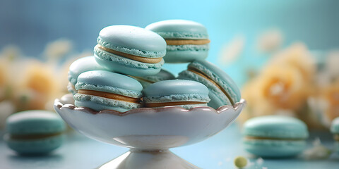 macarons in a porcelain bowl, turquoise