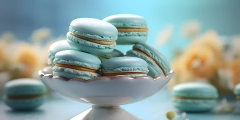 Fotobehang Macarons macarons in a porcelain bowl, turquoise