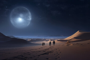 The Empty Quarter desert at night with moonlight and a group of people walking on camels