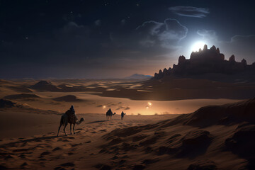 The Empty Quarter desert at night with moonlight and a group of people walking on camels
