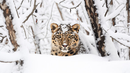 Amur Leopard (Panthera pardus orientalis) in the snow. Generative AI.