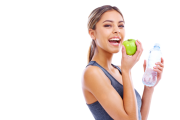 Happy woman, apple and water for nutrition or diet isolated on a transparent PNG background. Portrait of female person, bottle and organic fruit or food in fitness for natural and healthy eating