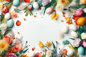 Naklejka na ściany i meble Top view of easter background or white greeting card with flowers, Generative AI.