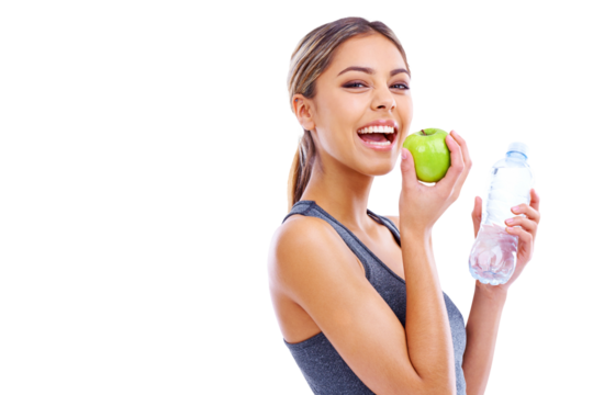 Happy woman, apple and water for nutrition or diet isolated on a transparent PNG background. Portrait of female person, bottle and organic fruit or food in fitness for natural and healthy eating - Powered by Adobe