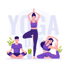 Happy international yoga day flat illustration