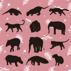 Vector elephants malayan tiger anteater handdraw silhouettes collections