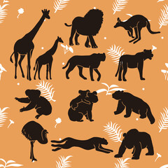 Vector giraffe lion kangaroo cheetah koala emu handdraw silhouettes collections