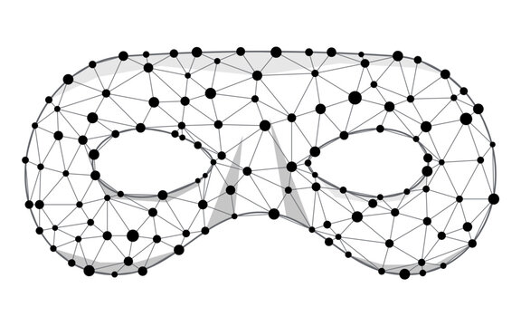 Mask superhero or carnival bandit   wireframe vector icon. Black masquerade costume eye mask silhouette hidden villain scammer face. Line and dot future technology masque shape clip art illustration.