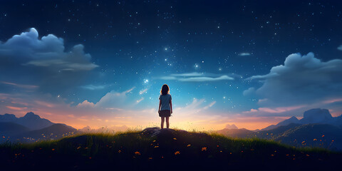 girl standing on a mountain, night sky with stars - obrazy, fototapety, plakaty
