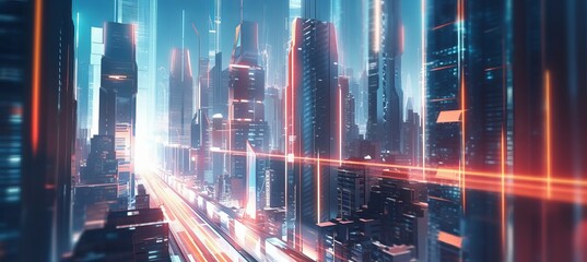 Night futuristic cityscape building background. Fast neon speed lights effect. Generative AI