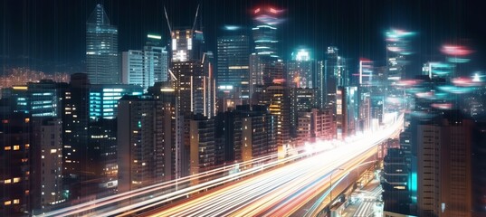 Motion blur night cityscape building background. Generative AI