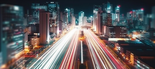 Fototapeta premium Night city downtown building background. Fast speed lights effect. Generative AI