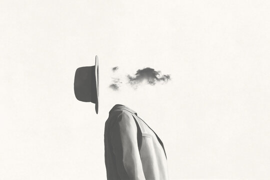 Illustration of surreal man head in the cloud, abstract absence concept