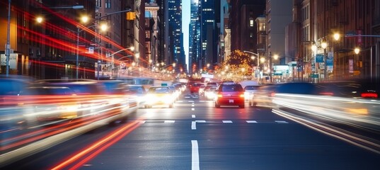 Motion blur lights trails car at downtown city area background. Generative AI