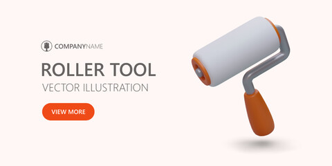 Roller brush for painting ceiling and walls. Tool for simple and quick painting. Vector poster with realistic illustration, text, button, place for logo