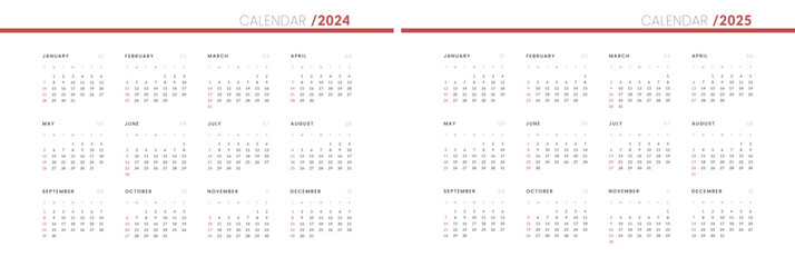 Set of 2024-2025 Annual Calendar template. Vector layout of a wall or desk simple calendar with week start sunday.