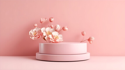 Obraz na płótnie Canvas pink podium with pink flower on pink background 