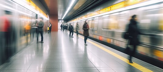 Train station people walking motion blur effect background. Generative AI technology. - obrazy, fototapety, plakaty