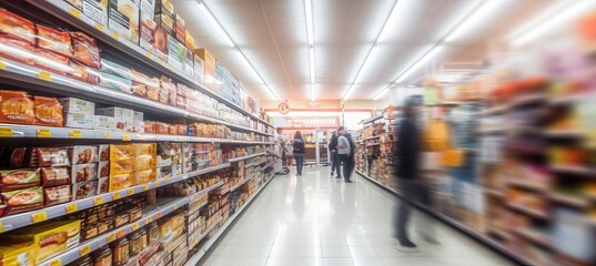 Modern supermarket aisle with blurred people speed motion effect. Generative AI technology.