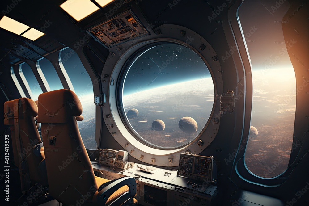 Sticker spaceship dark interior with view on distant planets solar system. generative ai aig15.