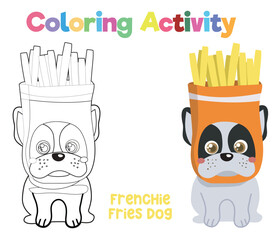 Coloring activity for kids a cute puppy in Halloween costume party the cute Frenchie French fries. Coloring book with Halloween theme. worksheet page. Simple coloring sheet for children. 