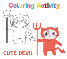 Coloring the cute red devil kitten Halloween edition. Coloring book with Halloween theme. worksheet page. Coloring activity page for kids. Printable coloring worksheet. Vector file