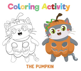 Coloring the cute pumpkin kitten for Halloween costume party. Coloring book with Halloween theme. worksheet page. Coloring activity page for kids. Printable coloring worksheet. Vector file