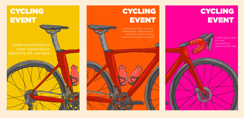 cycling event poster set. parts of road bike. abstract style vector illustration